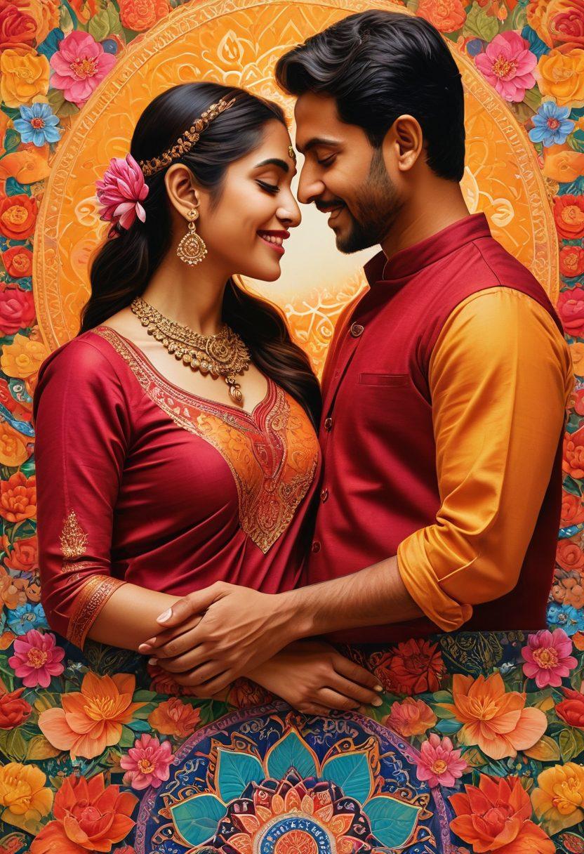 A vibrant collage featuring a South Asian couple sharing an intimate moment, surrounded by traditional motifs like mandalas and lotus flowers. The backdrop includes elements like a bustling market with colorful textiles and aromatic street food stalls that represent cultural heritage. Soft golden light illuminates the scene, enhancing the warmth of their connection. Include symbols of love and relationships, such as hearts and intertwined hands. vivid colors. super-realistic.
