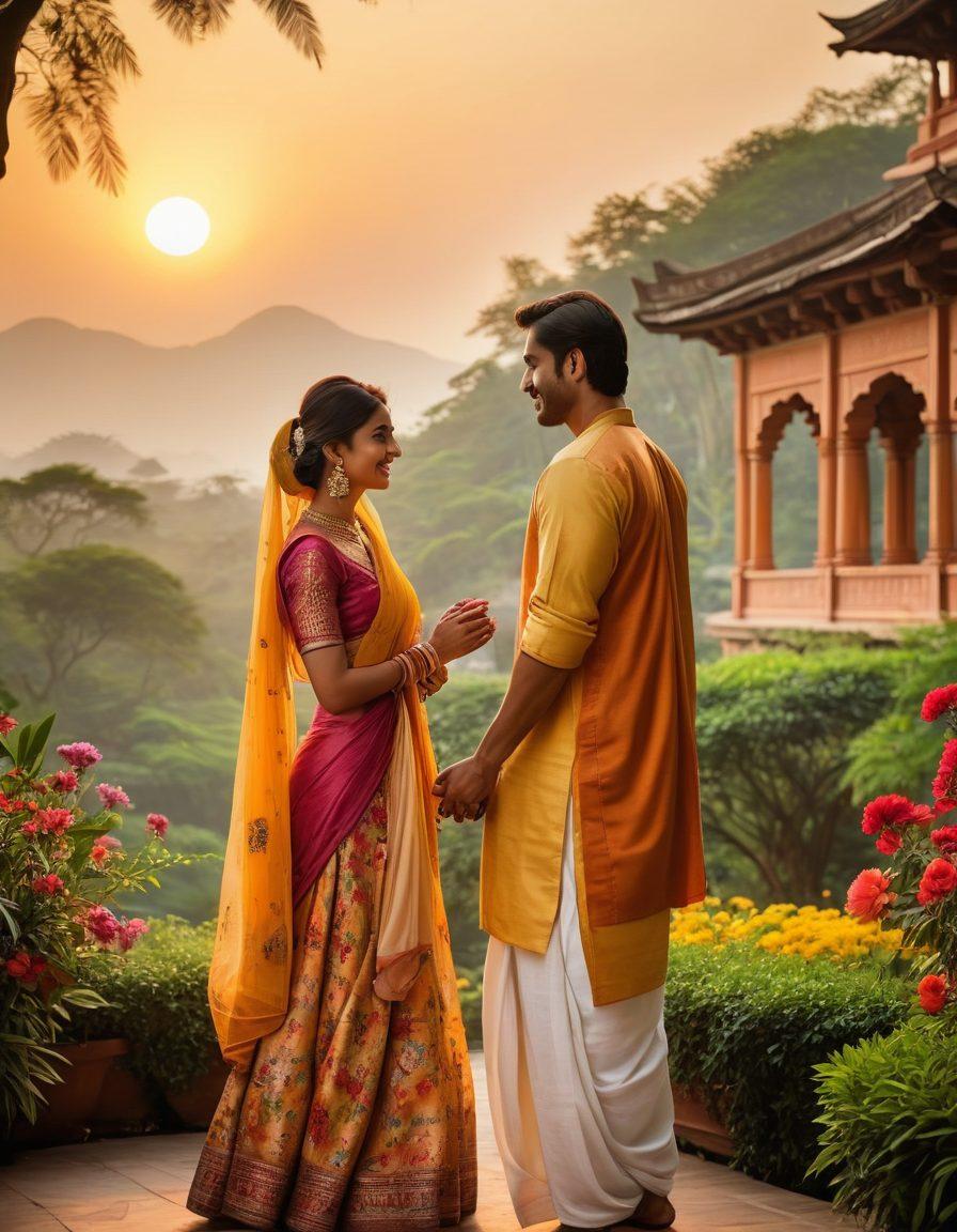 A serene landscape showcasing a sunset over the lush greenery of South Asia, with a couple dressed in traditional attire exchanging loving glances. Surrounding them are vibrant flowers symbolizing love and romance. In the background, iconic South Asian architecture stands majestically, adding cultural depth to the scene. The overall mood is warm and inviting, capturing the essence of romance and relationships. super-realistic. vibrant colors. tranquil atmosphere.